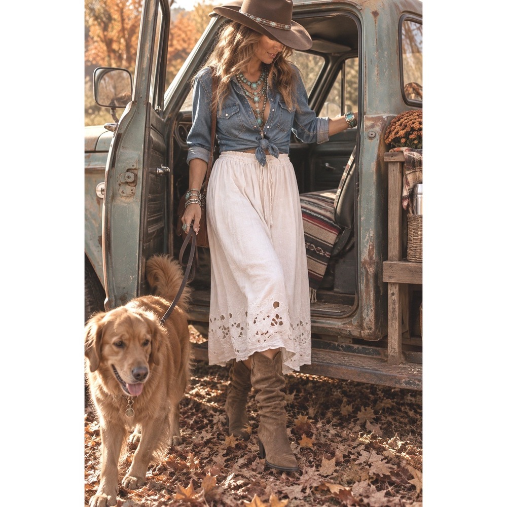 Unbranded cotton midi openwork cottagecore country tie waist m/l feminine skirts